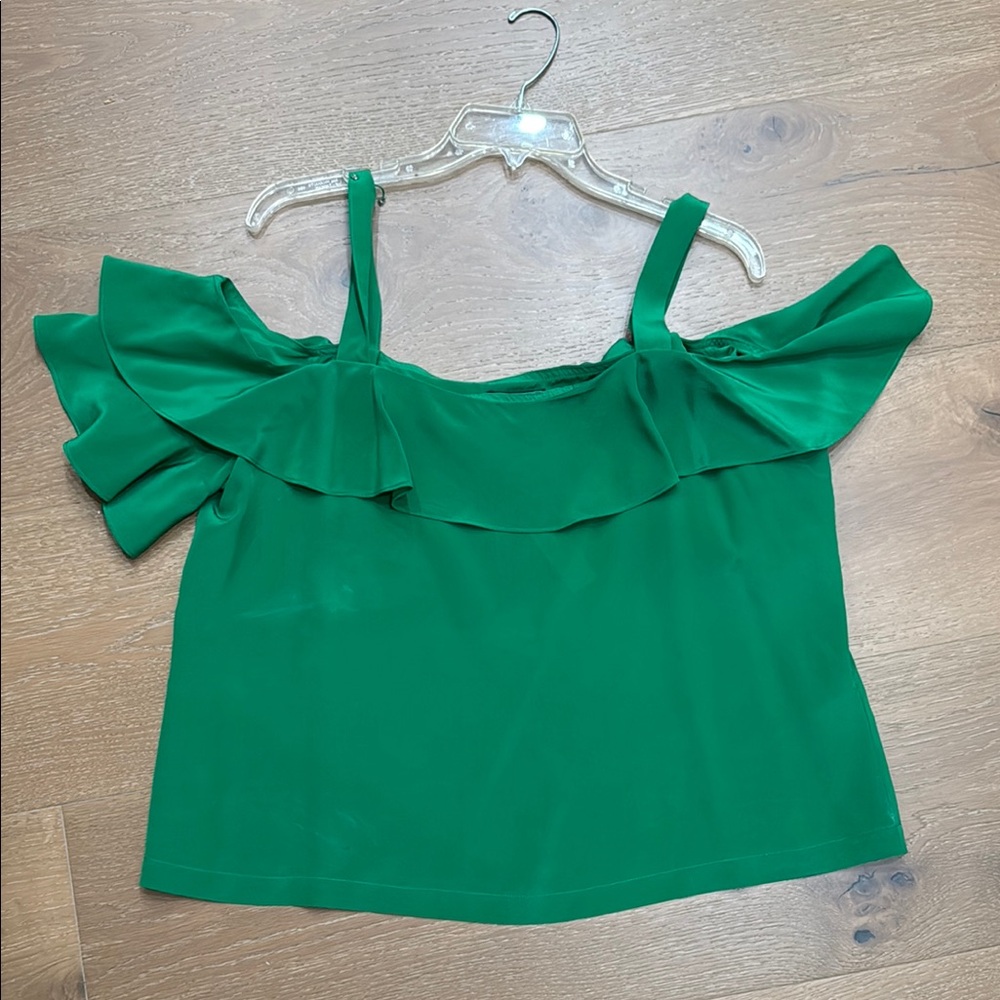 NWT J Crew Green Off-Shoulder Ruffle Top silk sz 14 holiday?